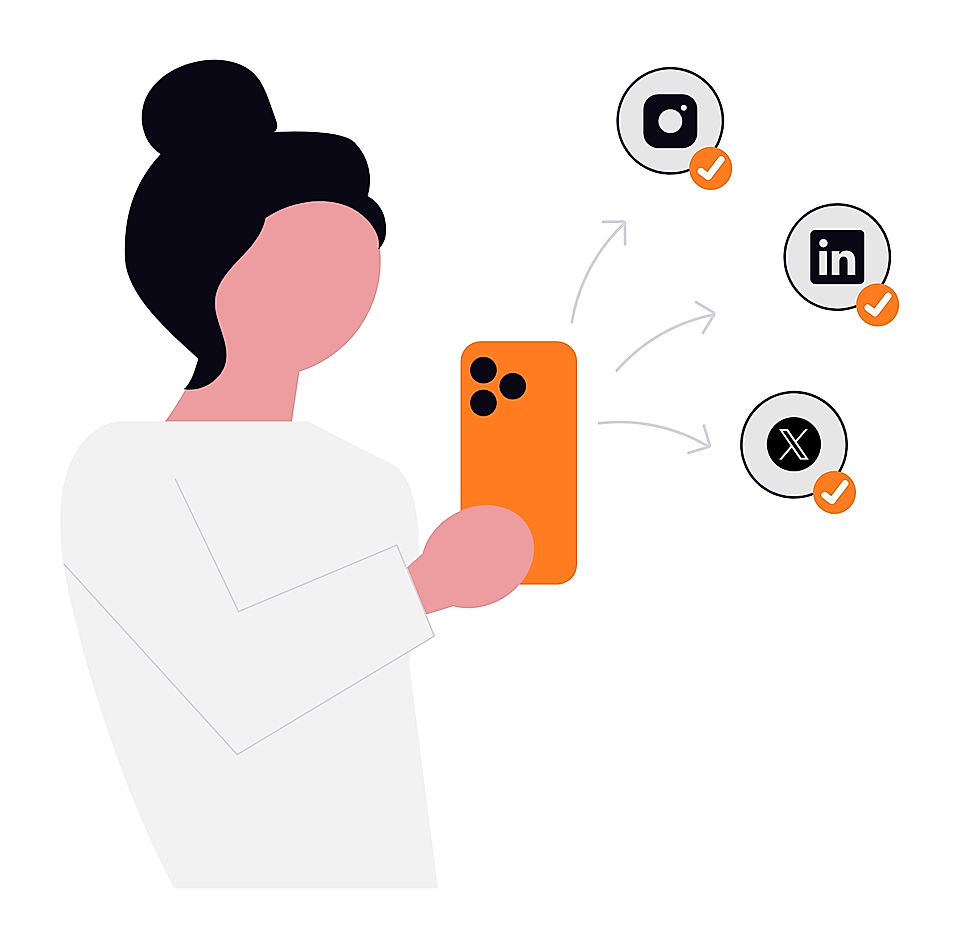 Woman using smartphone with arrows to Instagram, LinkedIn and X social media icons