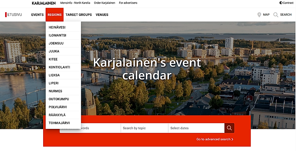 Screenshot of a website featuring Karjalainen's event calendar, with a dropdown menu for regions and a cityscape background.