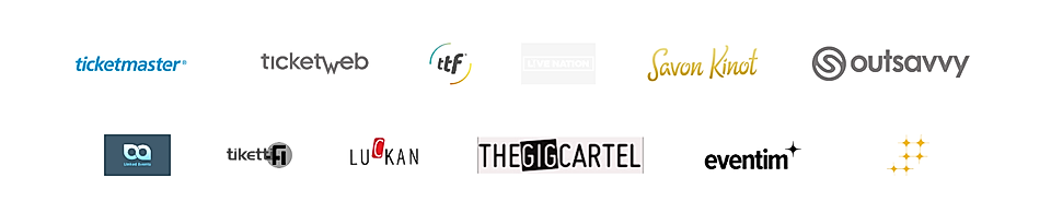 Logos of various ticketing companies including Ticketmaster, Eventim, and TheGigCartel on a white background.