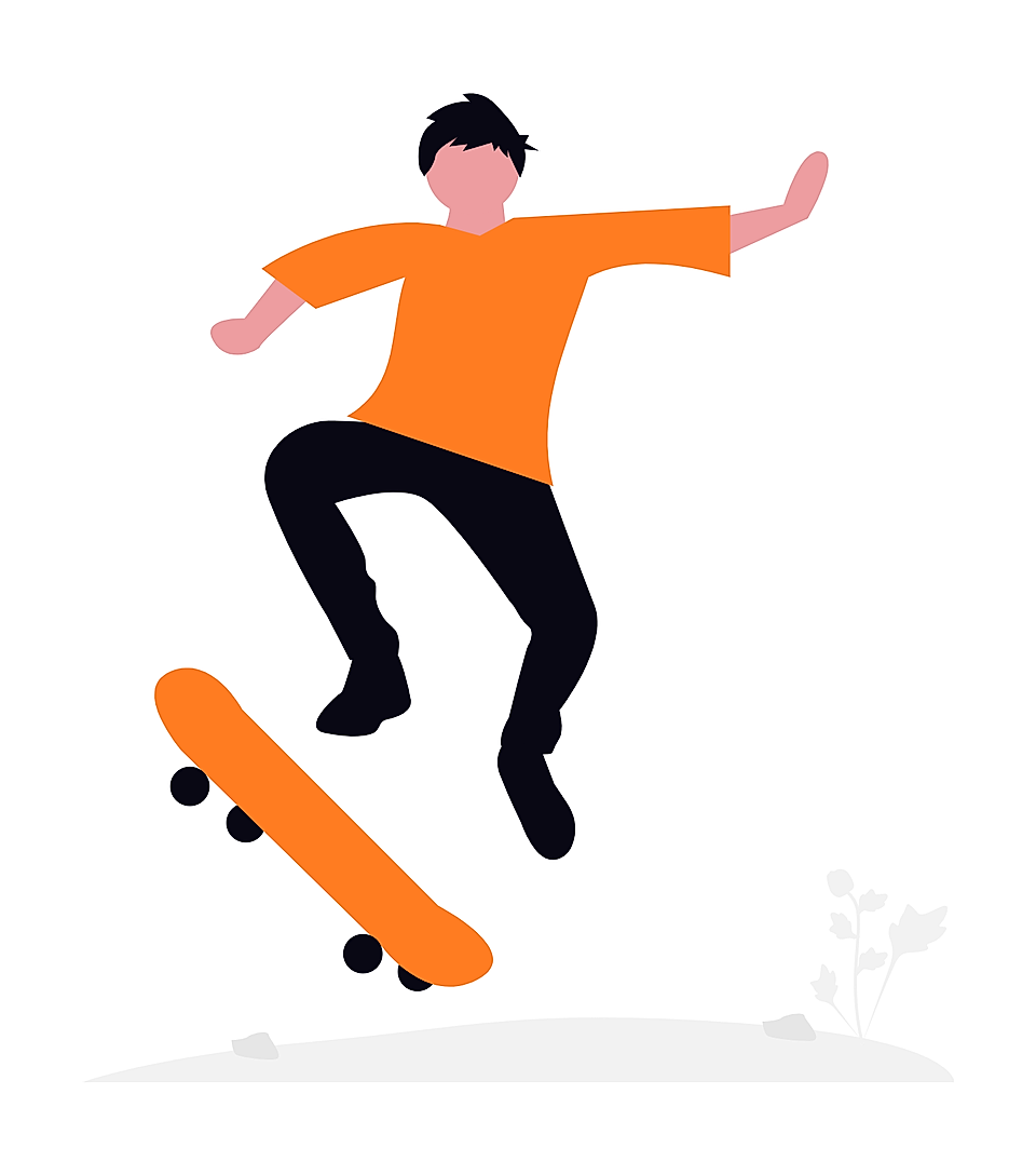 A person in an orange shirt performs a skateboard trick in mid-air against a white background.