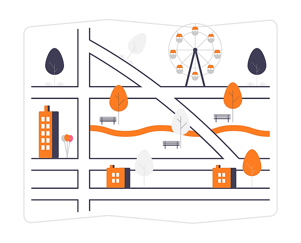A schematic city map featuring buildings, trees, benches, a river, and a Ferris wheel, in orange and gray tones.