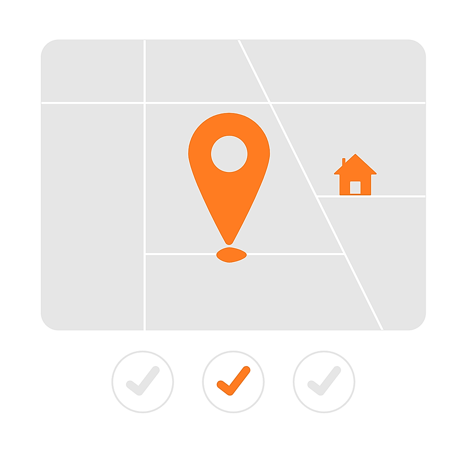 An illustrated map with an orange location pin and a house icon, featuring grid lines and checkmarks below.