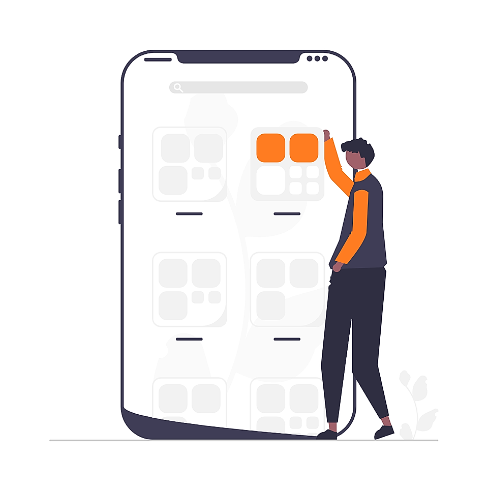 Illustration of a person interacting with a large smartphone screen displaying app icons, emphasizing digital engagement.