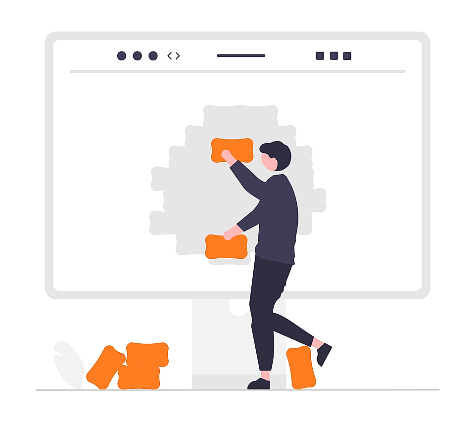 Person placing orange puzzle pieces on a large browser window illustration
