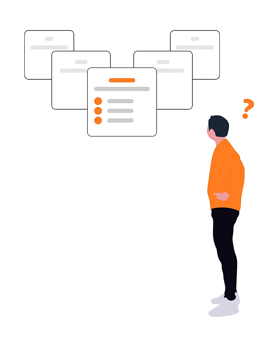 Business person looking at overlapping document cards with a question mark, representing confusion or decision-making.