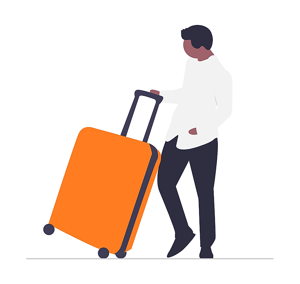 A person standing with an orange suitcase, wearing a white shirt and black pants, strolling in a minimalistic setting.