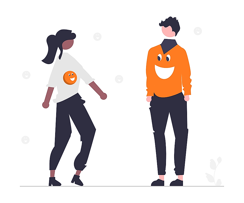 Two stylized characters: one in a white shirt with an orange smiley face, the other in an orange sweatshirt with a smile.