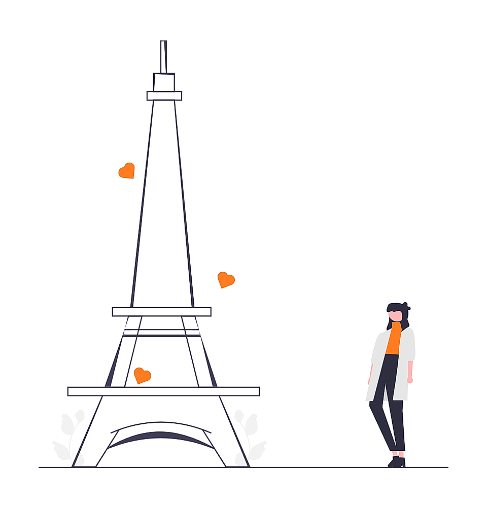 A stylized illustration of the Eiffel Tower with a woman standing beside it, featuring orange heart icons.
