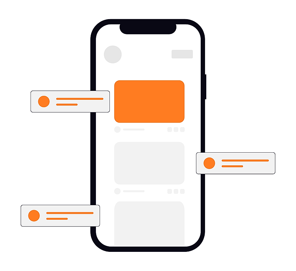 Illustration of a smartphone with multiple interface notifications and an orange highlighted section, showcasing app design.