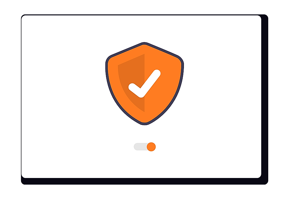 Orange shield with checkmark icon above a small toggle switch on a white background
