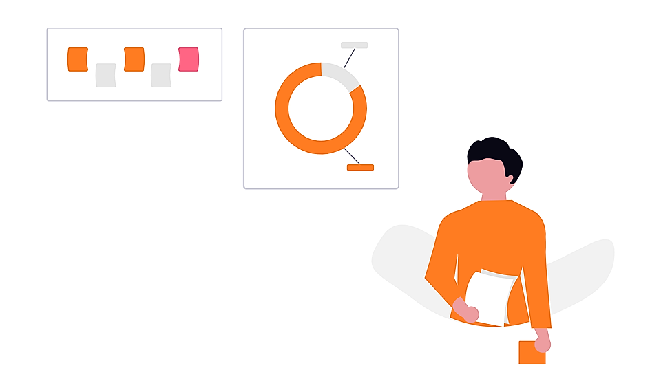 A person in an orange shirt holds a notepad beside charts with colored blocks and pie graph illustrations.