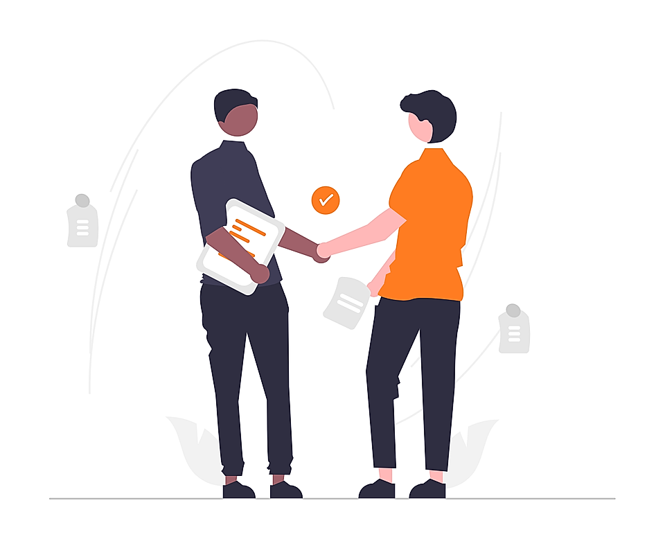 Two individuals shaking hands, one holding a tablet, with icons representing documents in the background.