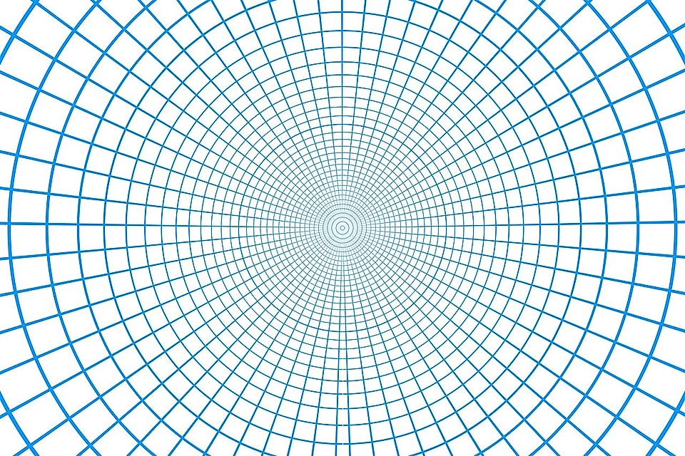 A blue grid pattern forming concentric circles on a white background, creating a geometric web design.