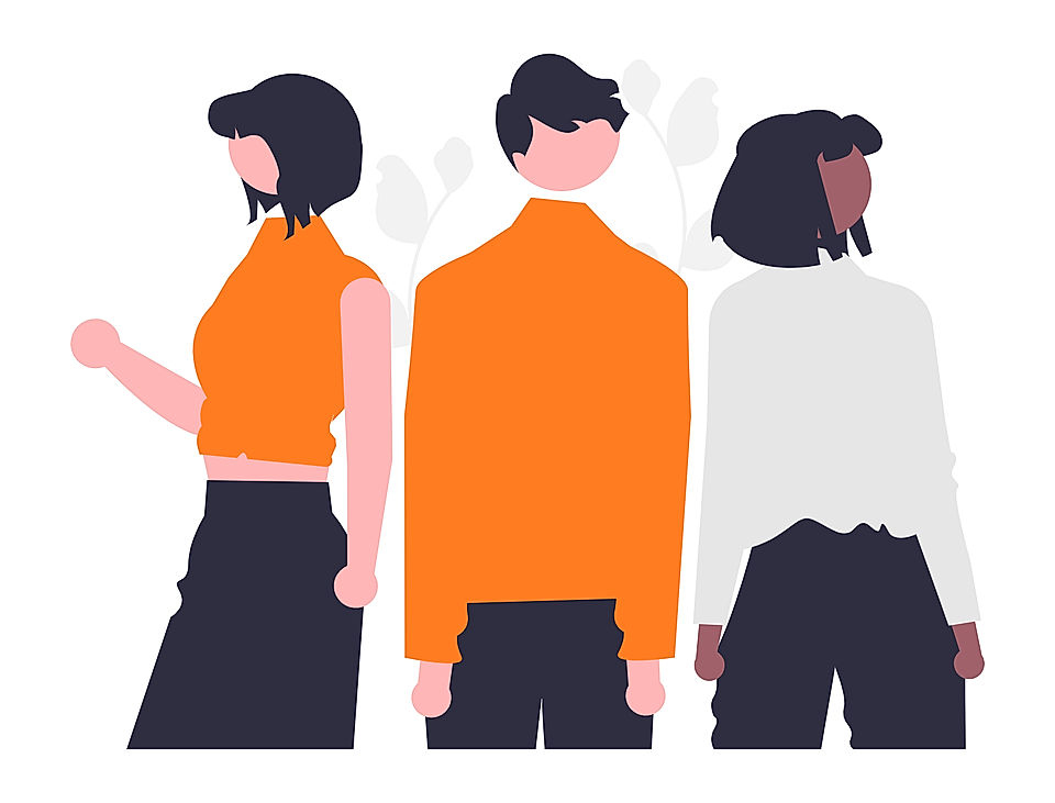 Three stylized figures: two women in orange and white tops and one man in an orange sweatshirt, facing away.