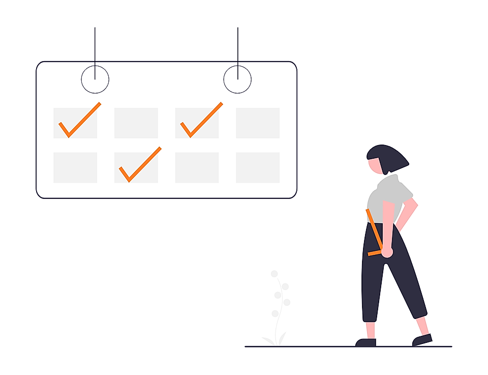 Illustration of a woman holding a pencil next to a checklist with completed tasks marked by orange checks.