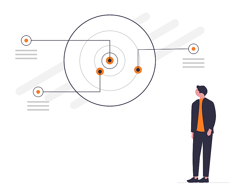 A person stands beside a circular diagram with connecting nodes, illustrating data points and information flow.
