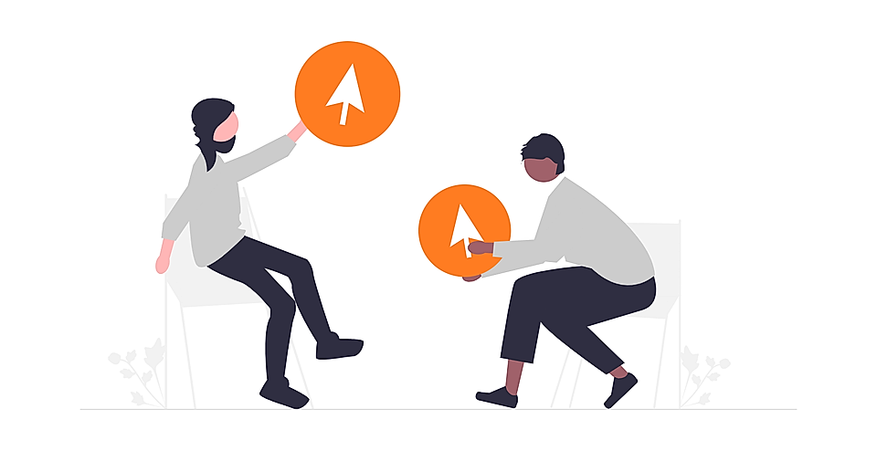 Two diverse professionals sitting and holding orange circles with upward arrows, engaged in a conversation.