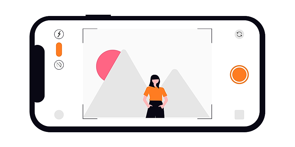 Illustration of a smartphone displaying a camera app with a woman posing in front of abstract mountains and sun.