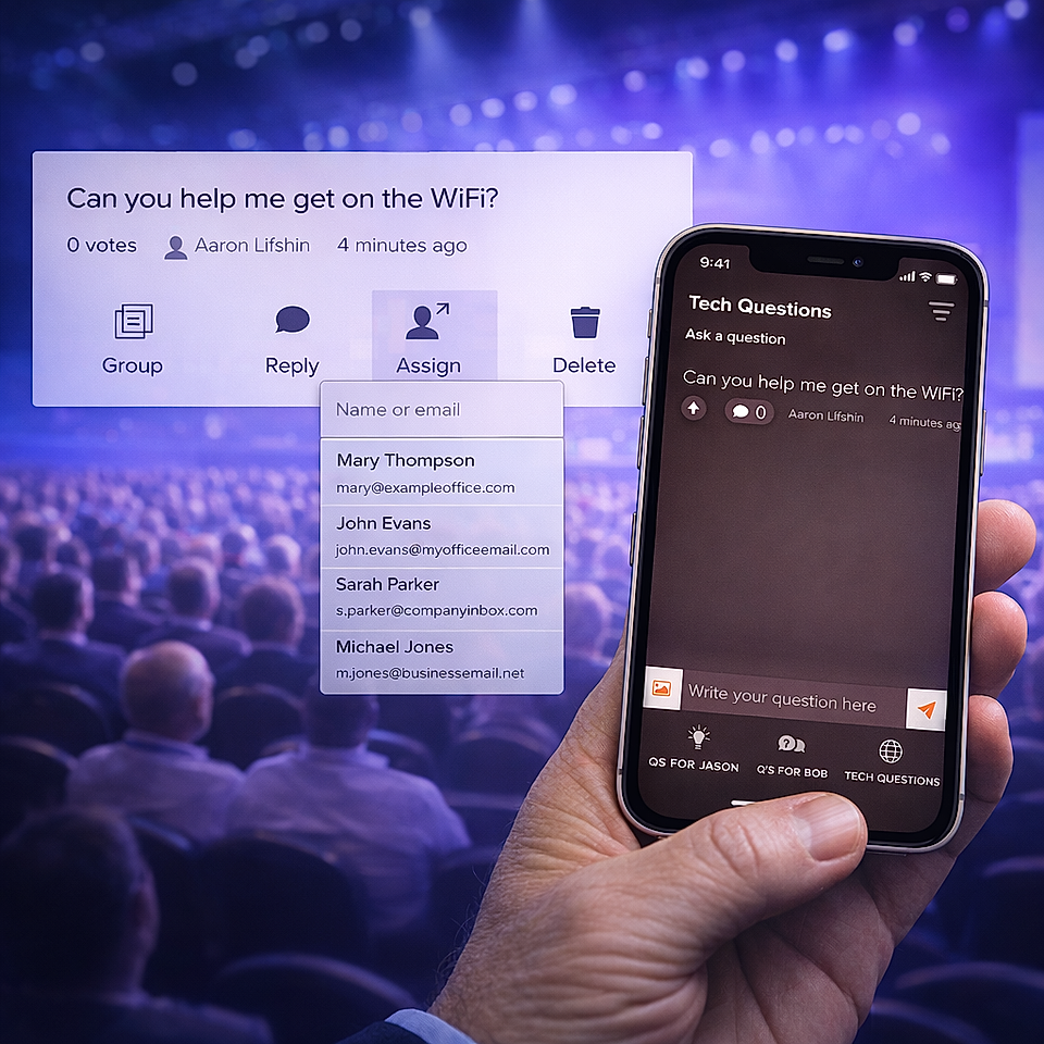 A hand holding a smartphone displaying a tech question about Wi-Fi, with blurred audience seating in the background.