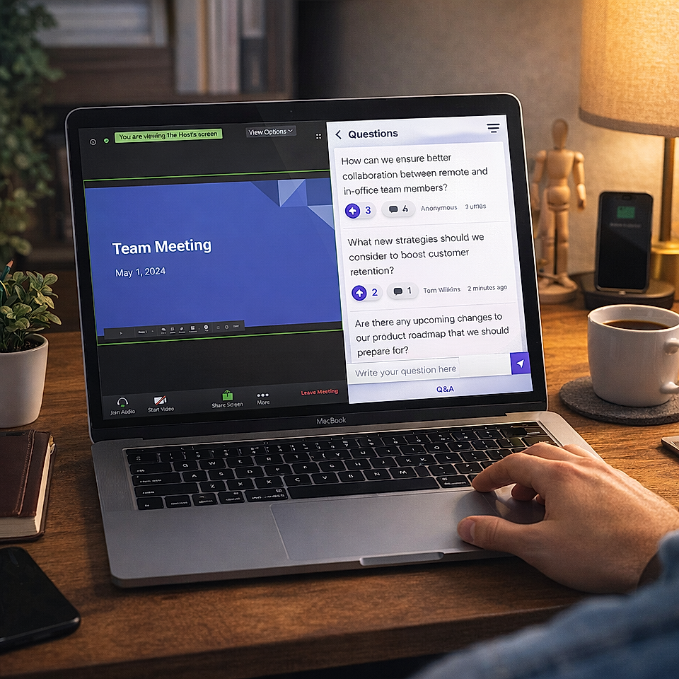 A person attending a virtual team meeting on a laptop, displaying questions alongside a presentation on screen.