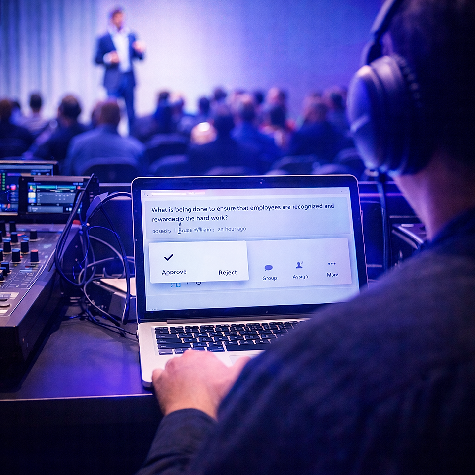 A person in headphones operates a laptop displaying a question to approve or reject during an event presentation.