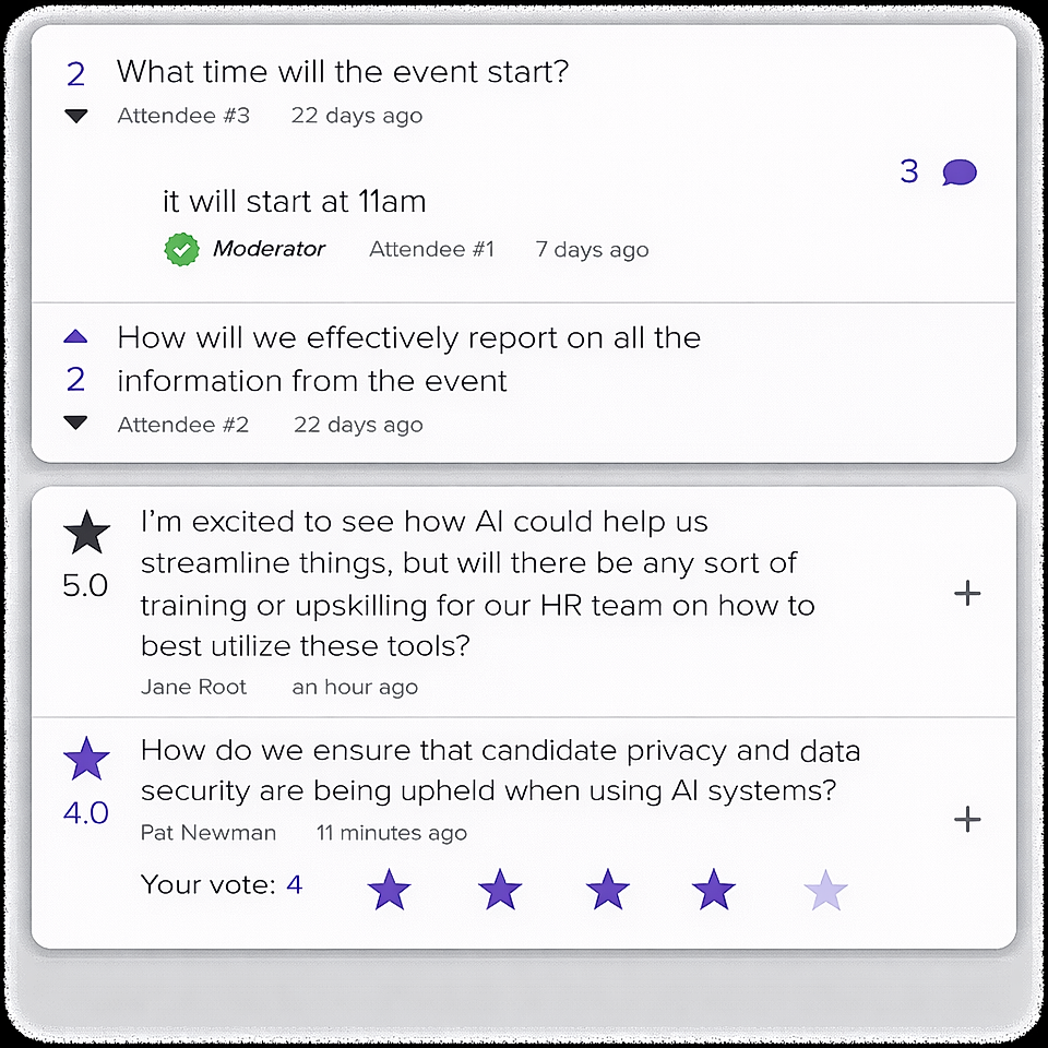 Screenshot of a Q&A forum with questions about an event and AI training, showing user interactions and ratings.