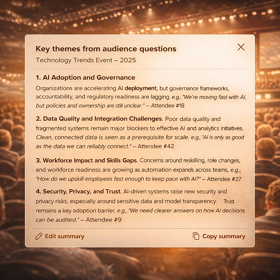 Summary of audience questions on AI trends, featuring themes on adoption, data quality, workforce impact, and security.