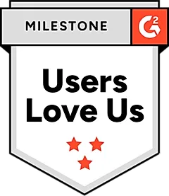G2 milestone badge featuring the text 'Users Love Us' and three star icons below.