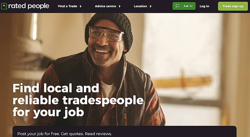 Smiling man in glasses and workwear, promoting a service for finding local tradespeople online.