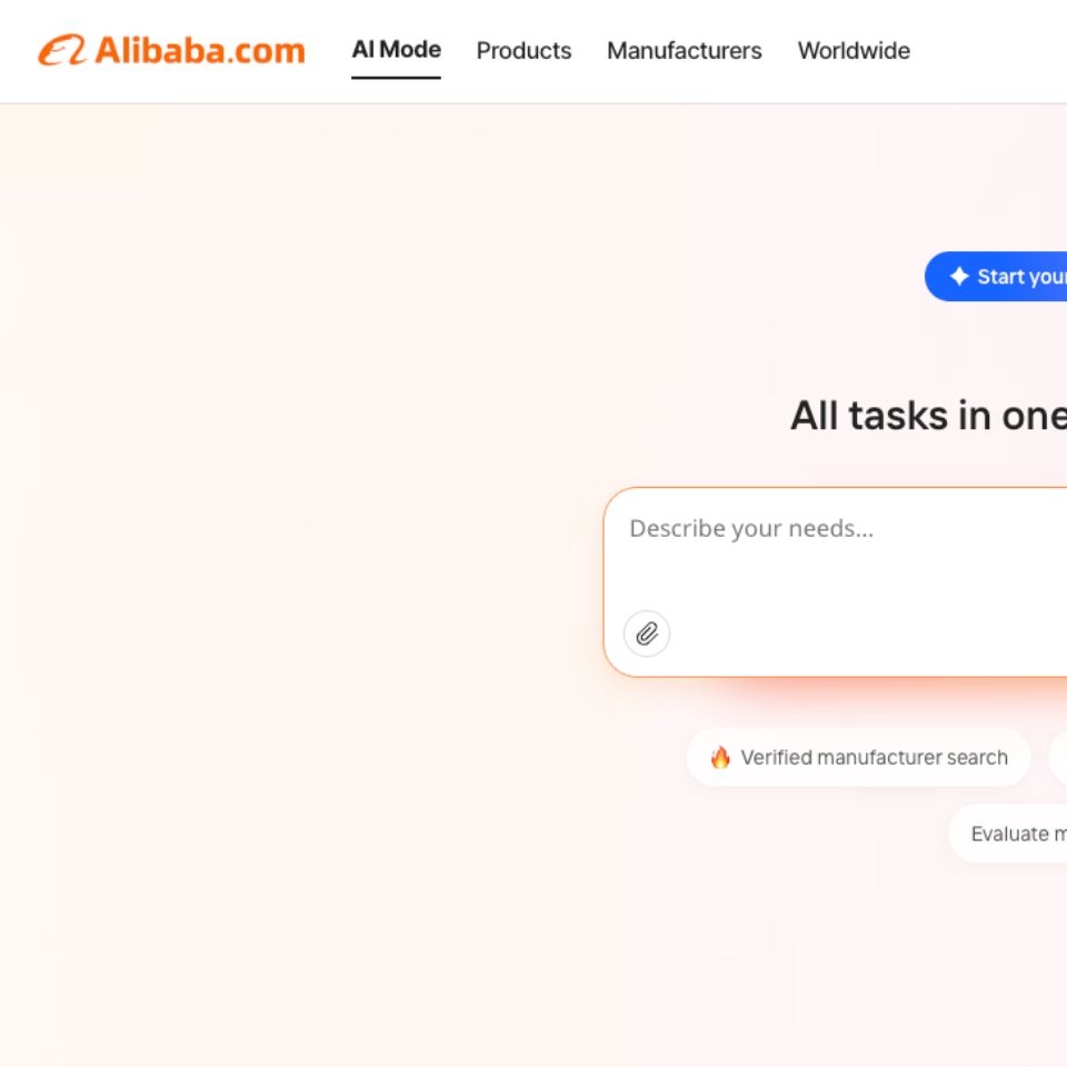 Screenshot of Alibaba's AI Mode interface featuring a search bar for describing needs and options for verified manufacturers.