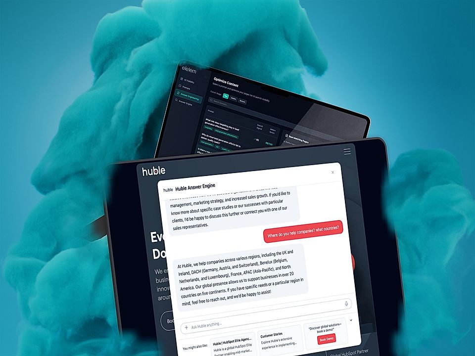 An interface view of the Huble Answer Engine on a tablet, against a blue background with cloud-like shapes.