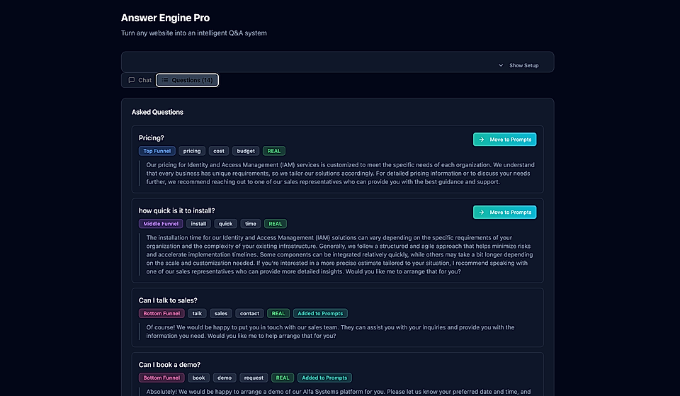 Screenshot of an intelligent Q&A system interface displaying asked questions and response options for pricing, installation, and demos.