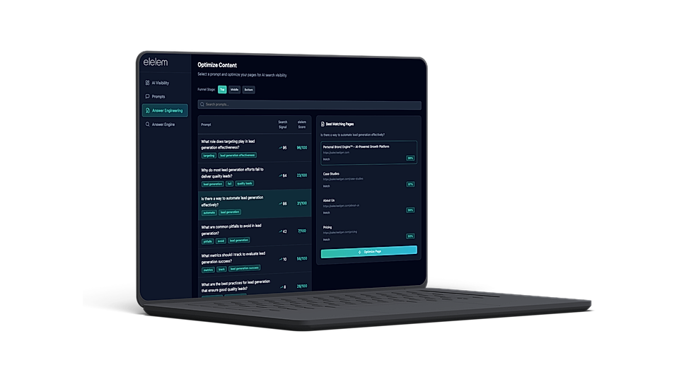 A laptop displaying a content optimization tool interface, featuring prompts and matching pages for SEO enhancement.