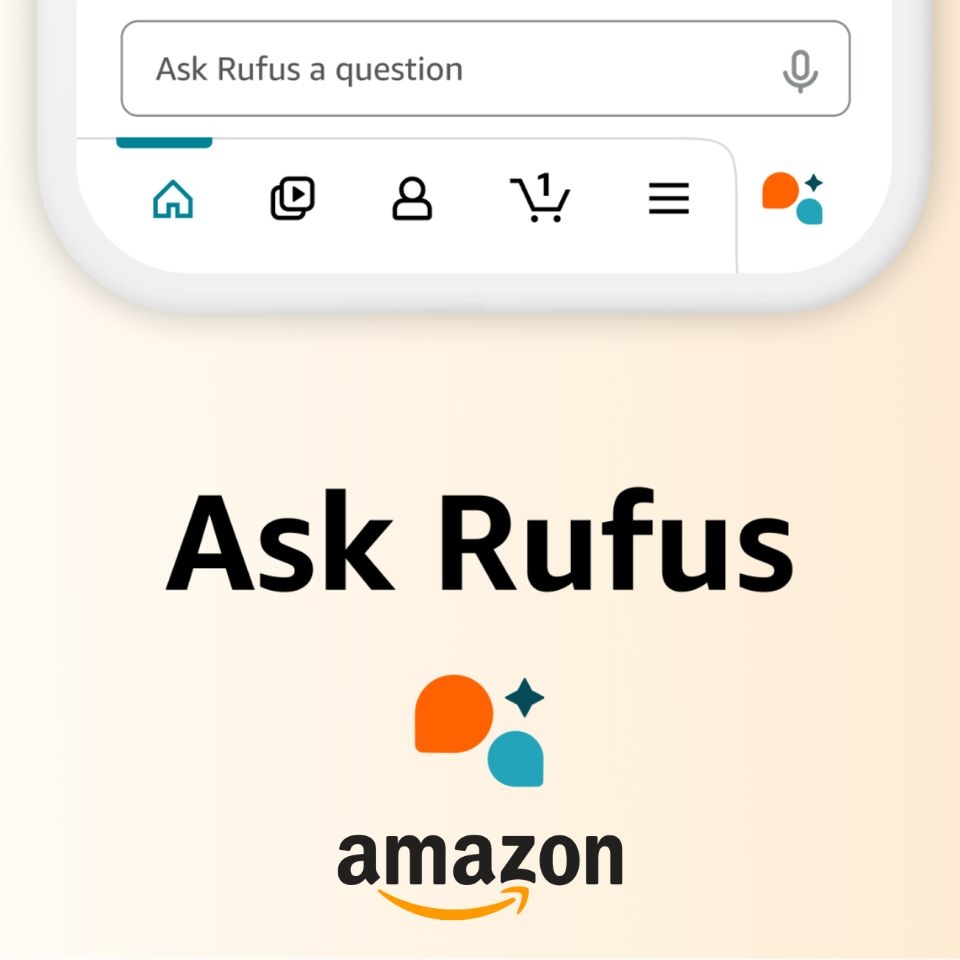 Screenshot of the 'Ask Rufus' feature on Amazon, with a search bar and icons for home, user profile, and cart.