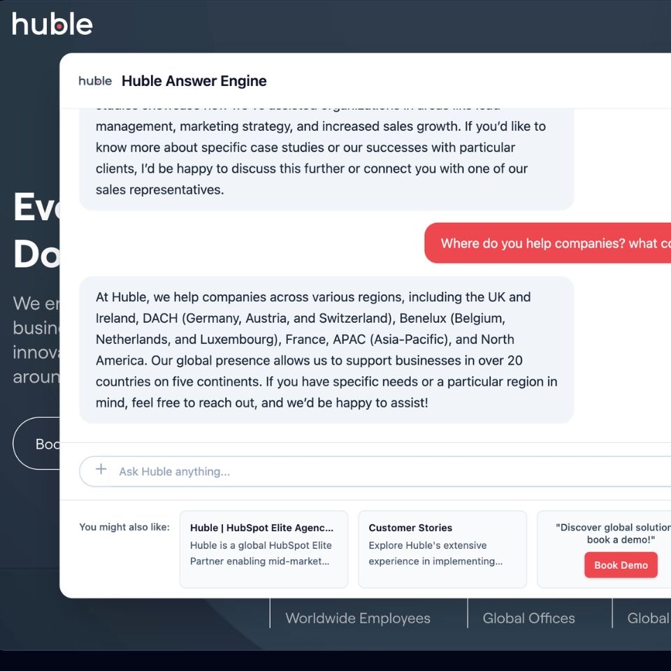Screenshot of Huble's Answer Engine explaining global services across various regions for B2B companies.