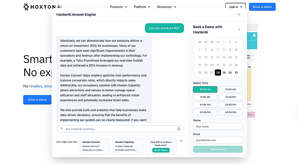 Screenshot of HoxtonAi's demo booking interface with an answer engine chatbox and calendar options.