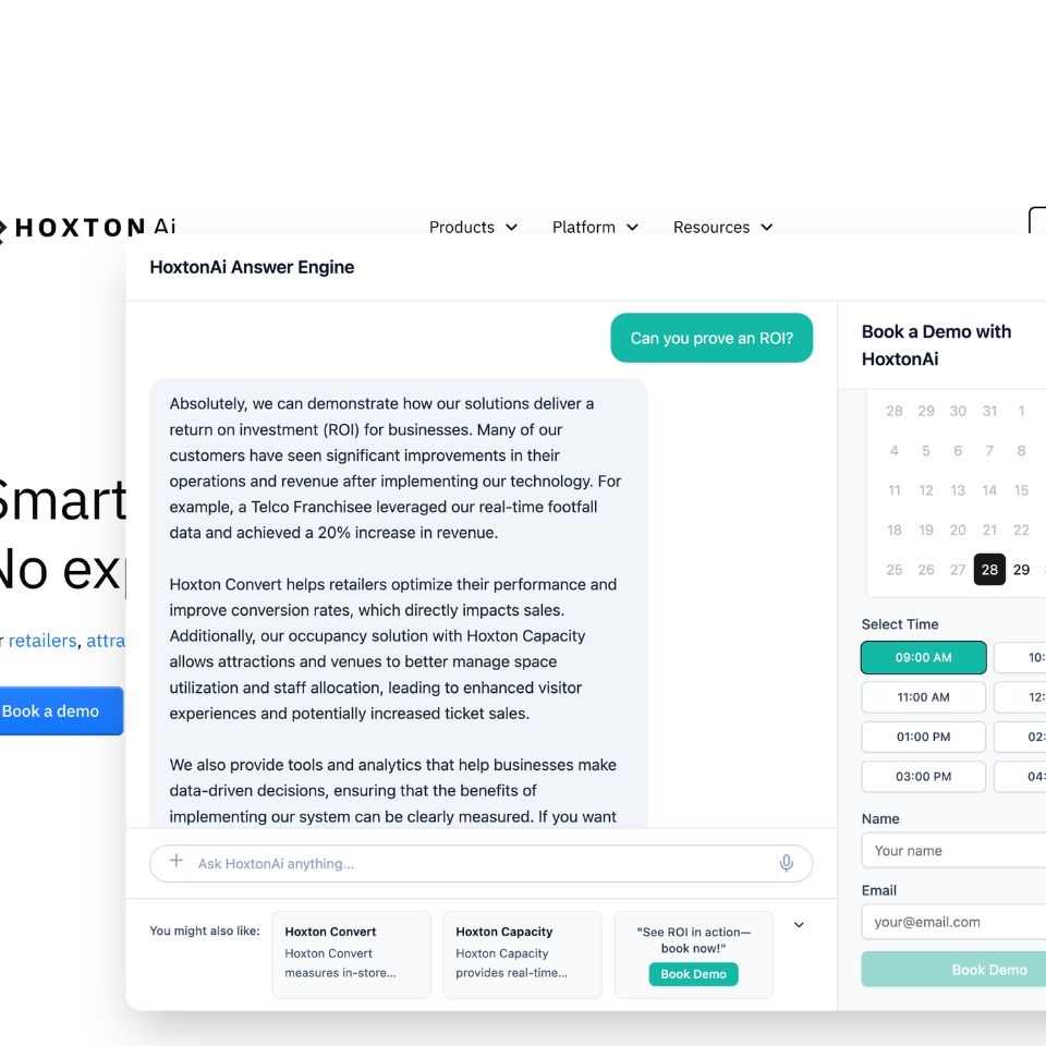 Screenshot of HoxtonAI website chat interface, highlighting ROI through analytics and demo booking options.