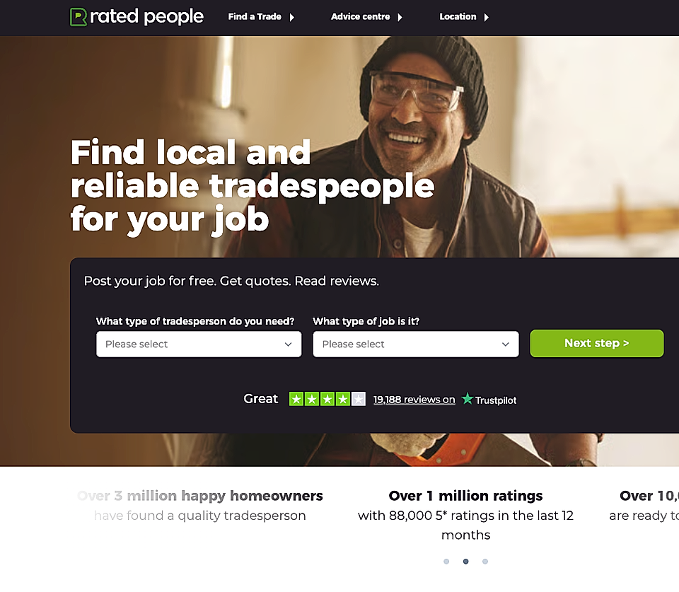 Homepage of Rated People website with a smiling tradesperson, offering local tradesperson services and review options.