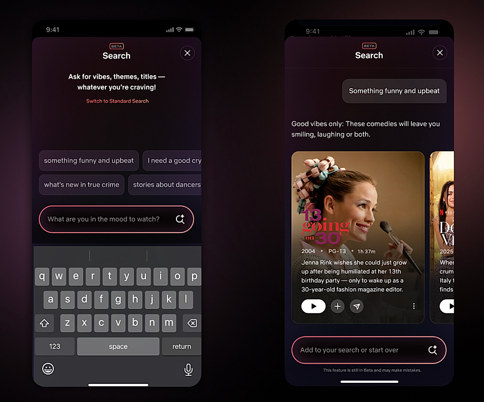 Image of a mobile app search interface for movie recommendations, featuring categories and suggested titles.