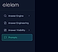 Screenshot of a dark-themed user interface titled 'elelem' featuring navigation options: Answer Engine, Answer Engineering, Answer Visibility, and Prompts.