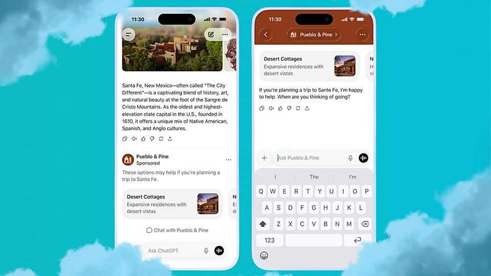 Two smartphone screens displaying content about Santa Fe, including travel options and chatbot features for assistance.