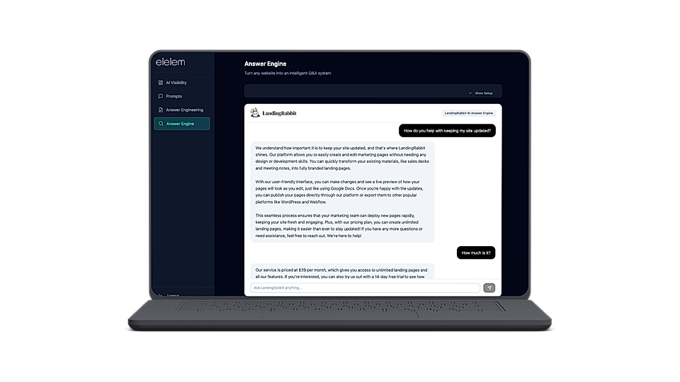 Screenshot of a SaaS platform's answer engine interface displaying a chat window and navigation menu.