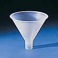 A clear plastic funnel on a blue background, designed for pouring liquids or grains into containers.