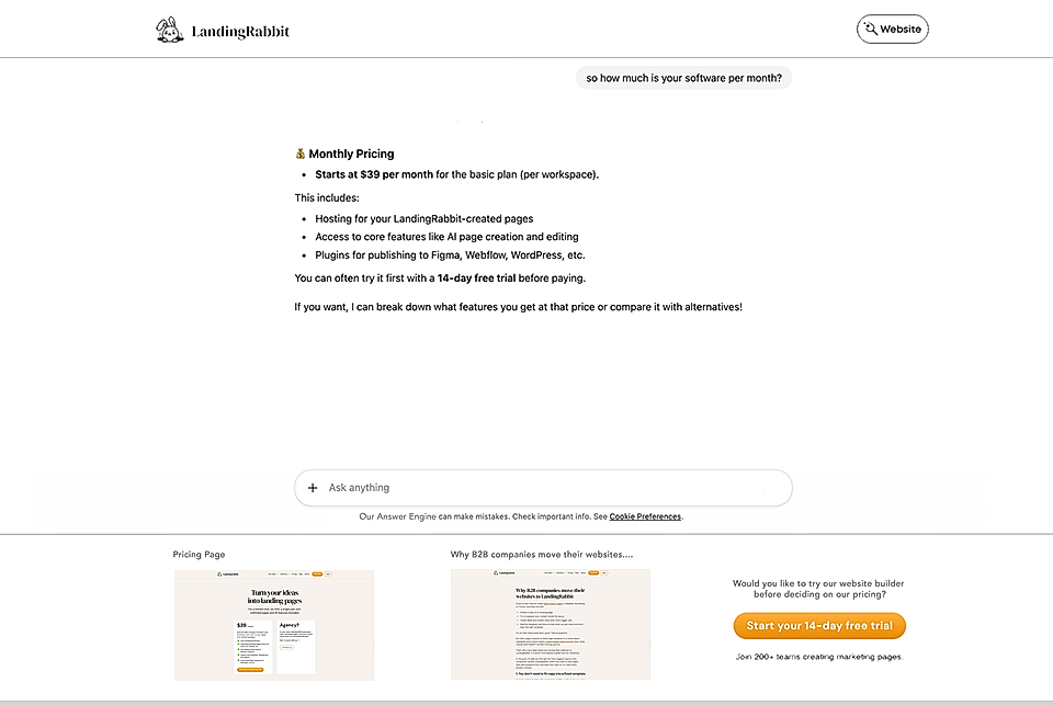Screenshot of LandingRabbit's pricing page, detailing monthly costs starting at $39 and included features.
