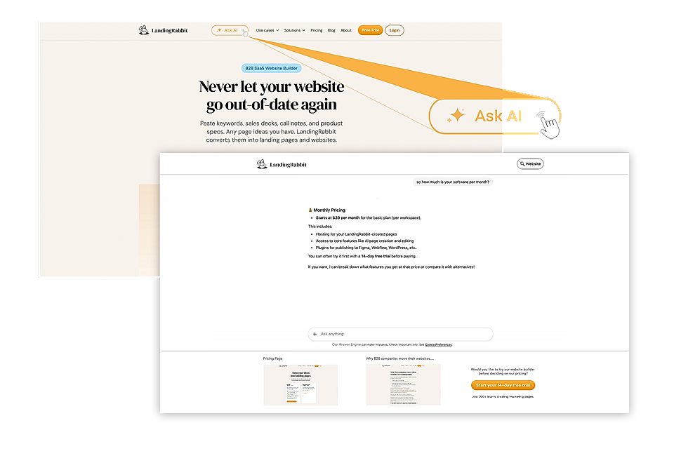 Screenshot of LandingRabbit website showcasing features, pricing details, and an AI assistance button for users.