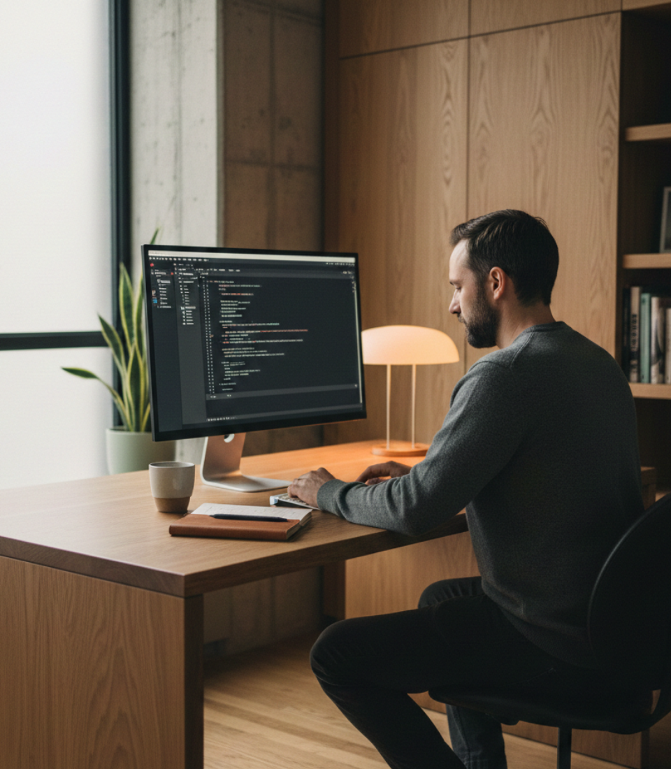 A person sits at a desk coding on a large monitor in a modern office with wooden furniture and a plant.