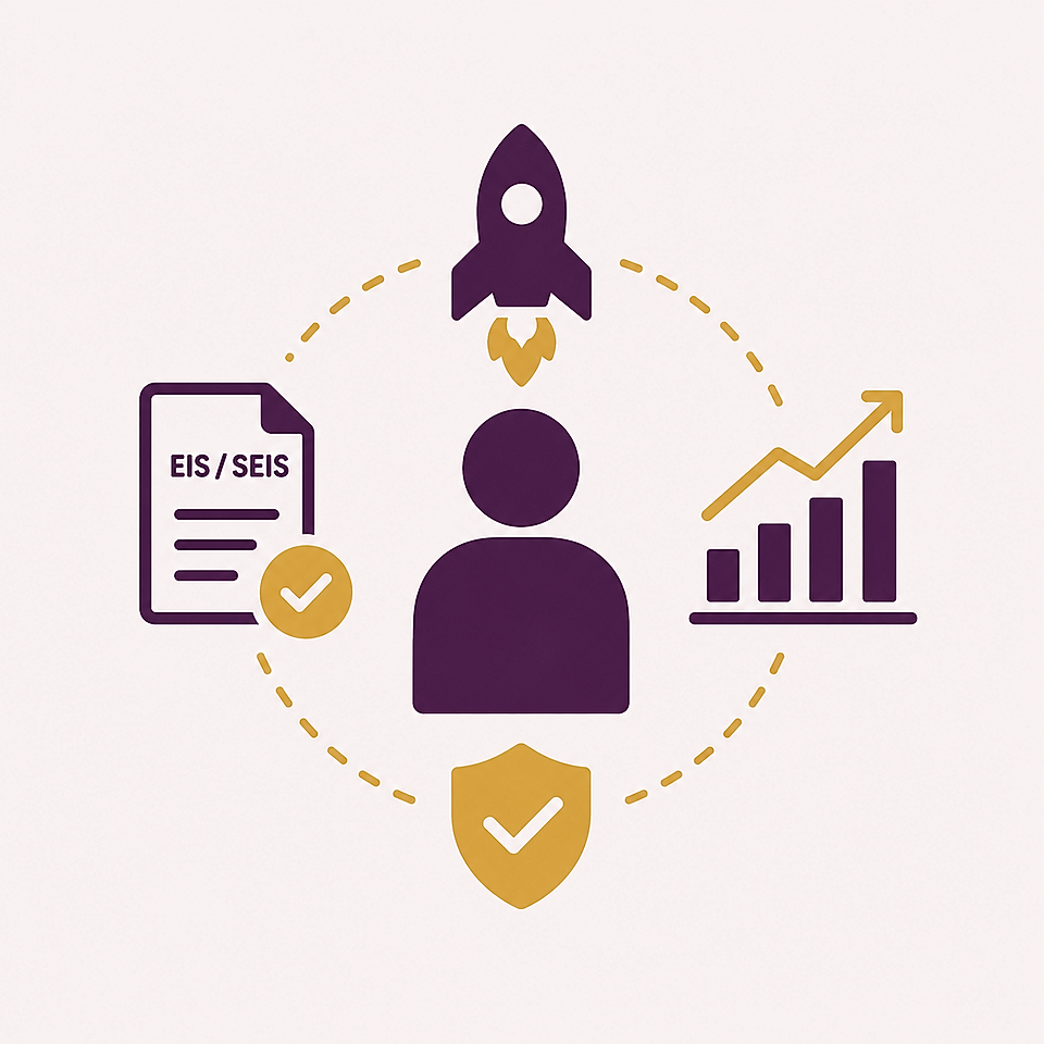 Business icon set with rocket, user, EIS/SEIS document, growth chart and shield checkmark