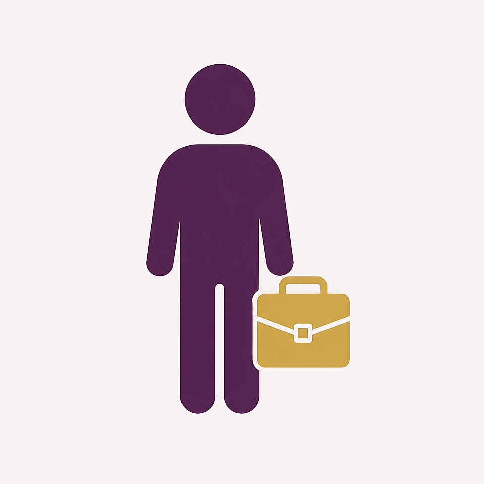 Purple person icon holding a gold briefcase on a white background