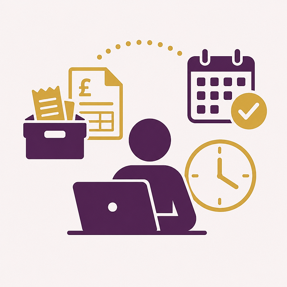 Business person at laptop with invoice, files, calendar, and clock icons for time tracking and billing