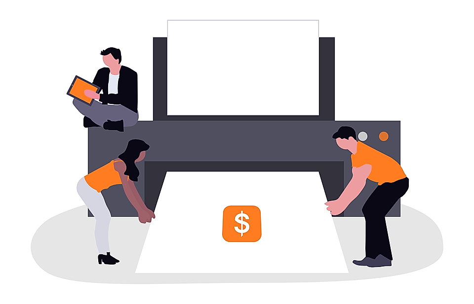 Two people operating a large printer with a dollar icon on a printed sheet